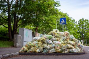 Garbage bags filled with waste are heaped in a large pile along a curb.