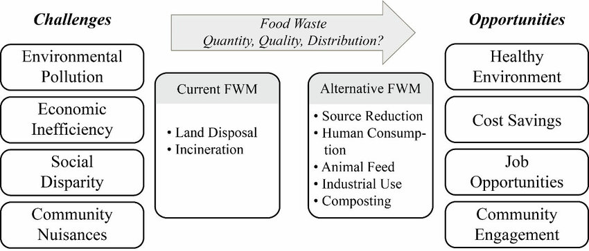 This infographic compares challenges and opportunities in food waste management (FWM). Challenges include environmental pollution, economic inefficiency, social disparity, and community nuisances. Current FWM methods focus on land disposal and incineration. Alternative methods, such as source reduction, human consumption, animal feed, industrial use, and composting, present opportunities for a healthier environment, cost savings, job creation, and community engagement.