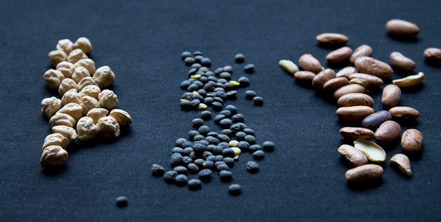 Legumes come in different shapes and sizes. Chickpeas are round; lentils are smaller and flatter; marble beans are kidney-shaped and larger.