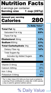 A Nutrition Facts label listing serving size, calories per serving, and Percent Daily Values for Total Fat, Cholesterol, Sodium, Total Carbohydrate, Protein, and vitamins.