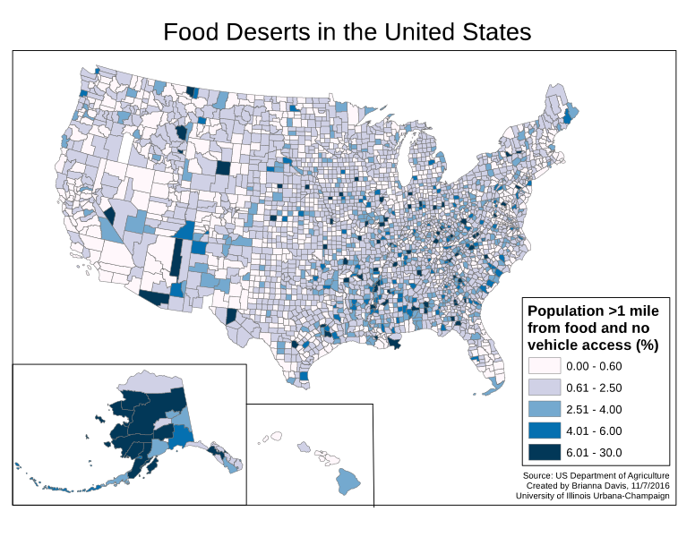 Darker colors on a map of the United States indicate areas with populations that live more than 1 mile from food and have no vehicle access. Dark colors cover much of Alaska.