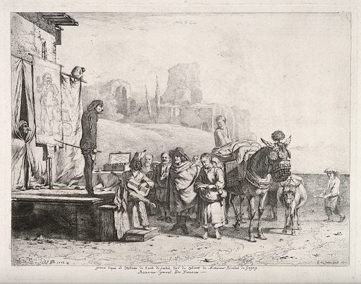 A group of itinerant actors performing on stage in an attempt to sell medicines to a small group of people.