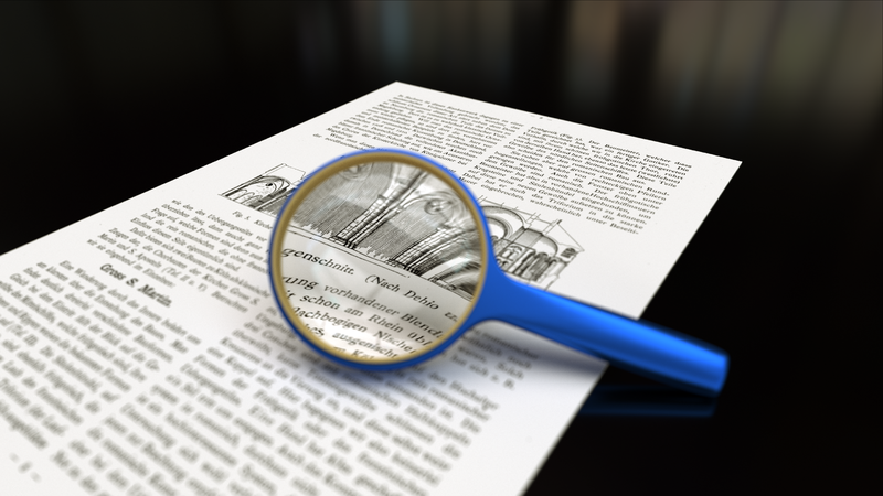 Magnifying glass with focus on paper. Text in the background is from the public domain work Die Baukunst, issue 11, page 8, written by Max Hasak. Rendered with a development version of Cycles in Blender.