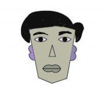 Graphic of author depicting a somewhat geometric profile of a person with short, dark hair, angular face, a triangle nose and purple ears.