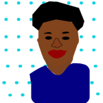 Graphic of the author depicting a person of color smiling, wearing a blue shirt. The background with aqua blue polka dots.