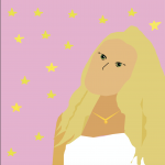 Graphic by author depicting a tan woman with long, blonde hair, looking up slightly, with a gold necklace and white, sleeveless top. The background is pink with about fifteen little, yellow stars.