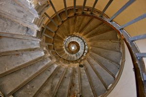 Image from above, looking down into a spiraling staircase in the monument to the Great Fire of London.