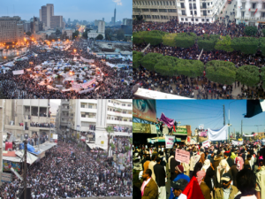 A photo collage for MENA protests. Clockwise from top left: 2011 Egyptian revolution, Tunisian revolution, 2011 Yemeni uprising, 2011 Syrian uprising. All photos show large gatherings of people in outdoor, public spaces organized in protest.