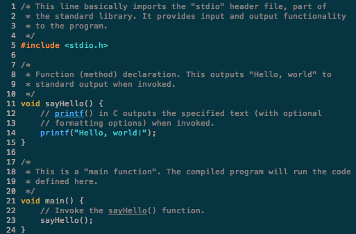 A screenshot of a simple C program displayed in a text editor. The code includes standard headers and the main function, which prints "Hello, World!" to the console. The program structure shows the inclusion of #include <stdio.h> at the top, followed by the int main() function and a printf("Hello, World!\n"); statement inside the function.