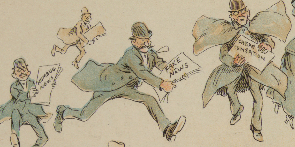 Illustration of four men in top hat and bowler hats and coats running, holding old-timey newspapers with titles like 'fake news', 'humbug news', and 'cheap sensation'.