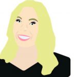Graphic of the author depicting a smiling, fair-skinned woman with long, blonde hair, a black v-neck blouse, with a white background.