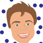 Graphic of the author depicting a happy, smiling person with short, brown hair. The background is white with blue polka dots.