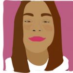 Graphic of the author. A female with pink lips and brown medium-length hair, and white shirt in front of a fuchsia purple background.