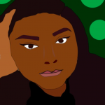 Graphic of the author depicted as a woman of color with dark hair, the side of her head resting against her hand with a dark green background with green polka dots.