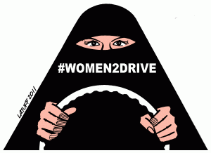 Logo of Women2Drive. The image features a stylized drawing of a woman in traditional Saudi attire, including a black hijab, sitting behind the wheel of a car with hands on a white steering wheel.