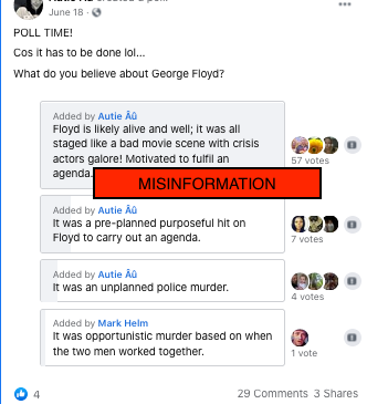 A screenshot of a Facebook poll that asks users, "What do you believe about George Floyd?" with four options listed. The options include: "Floyd is likely alive and well; it was all staged like a bad movie scene with crisis actors galore! Motivated to fulfill an agenda" (57 votes), "It was a pre-planned purposeful hit on Floyd to carry out an agenda" (7 votes), "It was an unplanned police murder" (4 votes), and "It was opportunistic murder based on when the two men worked together" (1 vote). A prominent red label with "MISINFORMATION" is placed over the first option. The post has 4 likes, 29 comments, and 3 shares.
