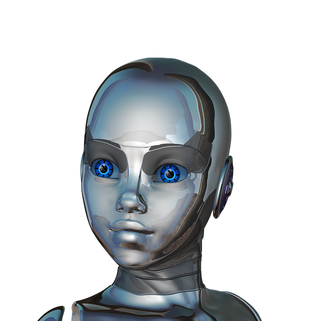 An image of a young-looking robot's head and neck profile with reflective metallic-looking 'skin', digital blue eyes, and is seeming to look slightly away from the camera into the distance.