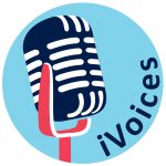 Circle graphic of an old fashioned condenser microphone in dark navy with a red stand with the term "iVoices" in dark navy, curving upwards at the bottom right, with a light blue background.
