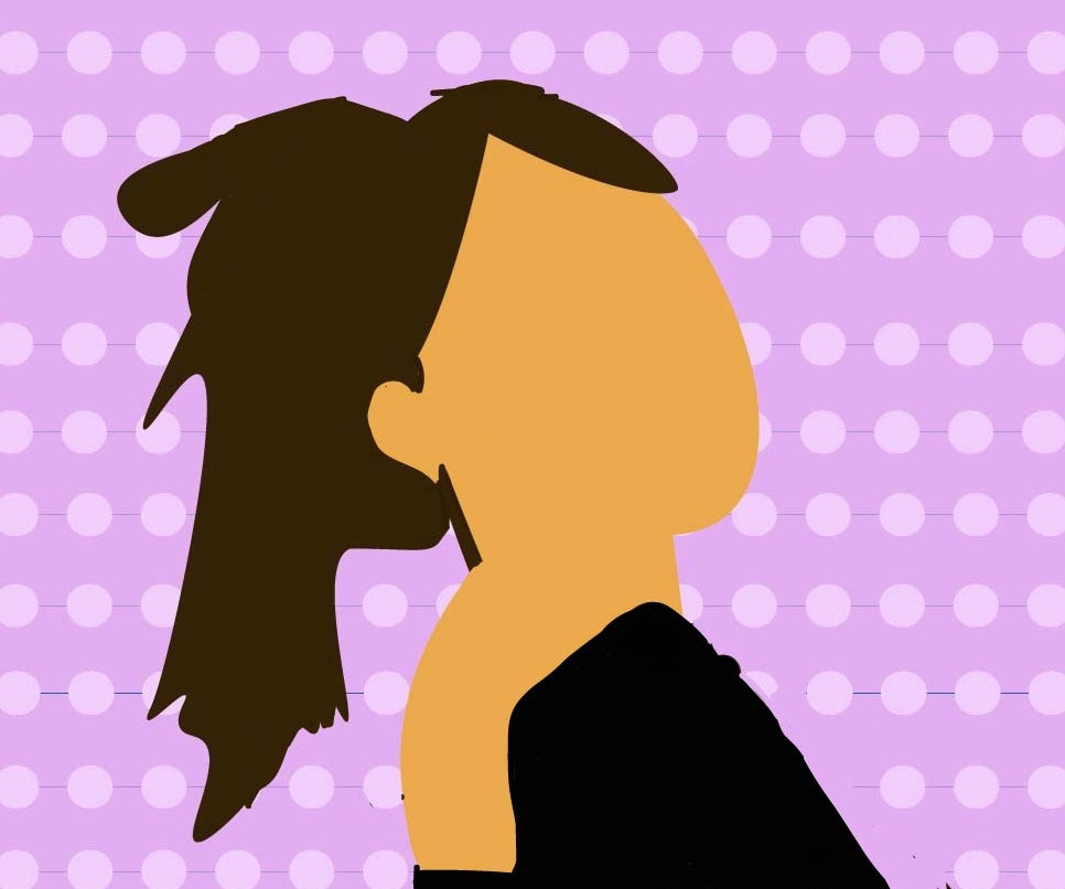 Graphic of author depicting a young woman, faceless, with a black blouse and dark hair pulled into a messy ponytail. The background is purple with light purple polka dots.
