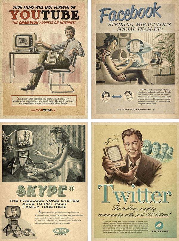 The image consists of four vintage-style advertisements, each representing a modern social media platform or communication service in a retro aesthetic.Top Left: YouTube - A man in a suit sits at a desk with an old-fashioned television, smiling and pointing at the screen. The ad reads, "Your films will last forever on YouTube. The champion address on Internet!" The text highlights the ability to watch various types of films and entertainment for the whole family.    Top Right: Facebook - A woman sits at a desk with a picture of a man, framed, interacting with a vintage computer displaying profile pictures. The ad reads, "Facebook. Striking, miraculous social team-up!" The text emphasizes sharing photographs, opinions, and reconnecting with old friends.    Bottom Left: Skype - A man and a woman use a vintage television and a large microphone to communicate with a person on the screen. The ad reads, "Skype. The fabulous voice system able to put your family together." The text describes how Skype allows families to stay in touch despite distances.    Bottom Right: Twitter - A man holds a small device displaying text, surrounded by smiling faces. The ad reads, "Twitter. The sublime, mighty community with just 140 letters!" The text promotes the concise communication style of Twitter, allowing users to express themselves with short messages.    Each ad uses vintage imagery and language to creatively represent contemporary online platforms.