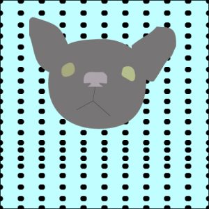 A graphic of a grey-colored dog face with black dots on an aqua-blue background.