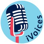 Image of iVoices logo; light blue circle with navy blue old-fashioned condenser microphone with a red stand and the word 'iVoices" curved on the bottom right.