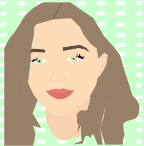 A graphic profile image provided by the student author depicting a smiling woman with long, brown hair and green eyes, amidst a background of lime green and white.