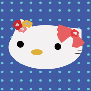 A graphic of Hello Kitty with a dark blue background and light blue dots.
