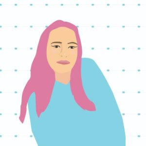 A graphic profile image provided by the student author depicting a woman with long pink hair and a light blue long-sleeved shirt. The background is white with small, blue dots.