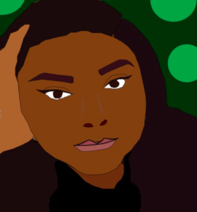 A graphic profile image provided by the student author depicting a woman's head leaning against her hand, with dark skin and black hair and shirt, and a dark green background with large green polka dots.