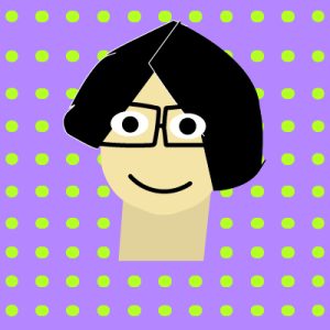 A graphic profile image provided by the student author depicting a person with black glasses and short hair, smiling with a purple background with lime green dots.