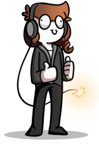 A graphic profile image provided by the student author depicting a woman standing with two thumbs up, headphones, dark grey outfit, and end of the cord looking like a lit fuse.