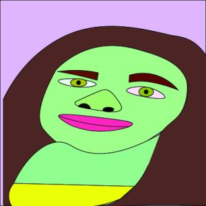 A graphic profile image provided by the student author depicting a neon green face that looks flat, with green eyes, hot pink lips, and dark chestnut hair in front of a light purple background.