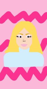 A graphic profile image provided by the student author depicting a blonde woman with a light blue turtleneck, long eyelashes, in front of a pink background with dark pink, squiggly lines.