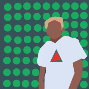 A graphic profile image provided by the student author depicting a man standing off to the right in a white t-shirt with a red triangle in the center, dark skin, light, short hair, and a background go navy blue and green polka dots.