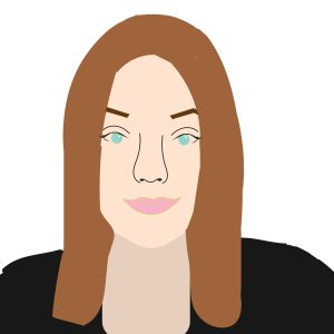 A graphic profile image provided by the student author depicting a woman with medium-length brown hair and aqua-blue eyes, link lips and a black blouse. The background is white.