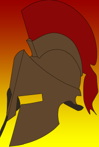 A graphic of a red-crested Spartan warrior helmet with a vertical gradient, red to yellow background.