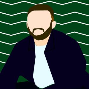 A graphic of a man sitting down, faceless, bearded, with a white shirt, black jacket and bottoms. The background is dark green with white horizontally zigzagging lines.
