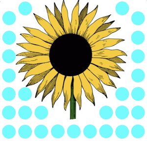 A graphic of a big yellow sunflower framed by aqua-blue circles and a white background.