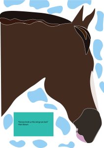 A graphic of a horse showing its head and upper neck with obscured quote underneath, a white background with scattered light blue marks.
