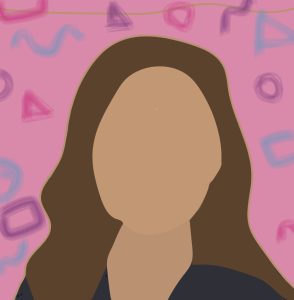 A graphic profile image provided by the student author depicting a woman with long brown hair, faceless, and a black blouse. The background is pink with hand-drawn, geometric shapes in pink, purple, and light blue.