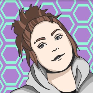 A graphic profile image provided by the student author depicting a woman with her brown hair pulled up, light skin and a grey hoodie. The background is a honeycomb pattern of purple and light aqua-blue.