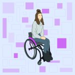 A graphic profile image provided by the student author depicting a woman with long, brown hair, sitting with hands folded in her lap in a wheelchair. Th background is light blue with various shades of purple, rectangular shapes.