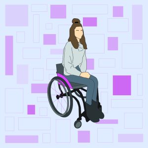 A graphic profile image provided by the student author depicting a woman sitting in a wheelchair with her hands folded in her lap, her long, brown hair half pulled into a bun. The background is light blue with various and scattered, purple-shaded rectangular shapes.