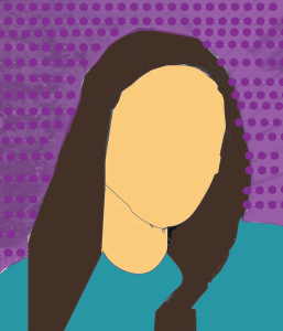 A graphic profile Image provided by the student author depicting a faceless woman with a teal shirt and long, dark hair. The background is purple with small, dark purple dots.
