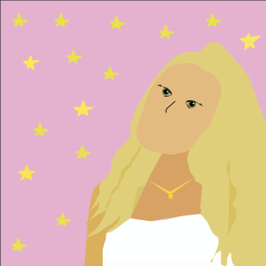 A graphic profile image provided by the student author depicting a long, blonde-haired, mouthless woman with a white top and gold necklace, looking up at scattered golden stars amidst a pink background.
