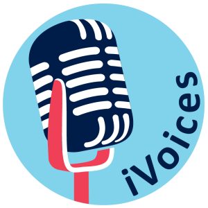 iVoices Logo depicting a navy-colored, old fashioned condenser microphone with red stand, the word "iVoices" at the bottom right, with a light blue background.