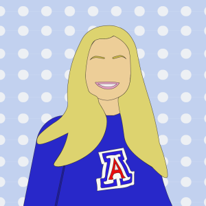 Graphic profile image provided by the student author depicting a smiling woman with long, blonde hair, wearing a royal blue University of Arizona sweatshirt. The background is pale blue with white polka dots.