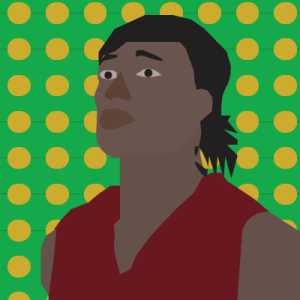 Graphic profile image provided by the student author depicting a dark-skinned person with a red sleeveless shirt, looking into the distance with dark hair, in front of a lime green background with yellow polka dots.