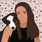 Graphic profile image provided by the student author depicting a woman with long, brown hair, a black, sleeveless shirt, and a border collie-looking dog behind her with its head on her shoulder. The background is pale with black stars (some filled in black, all outlined in black).